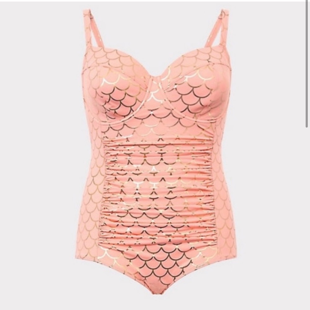 Torrid Peach Pink & Rose Gold Mermaid Underwire Slim Fix One-Piece Swimsuit